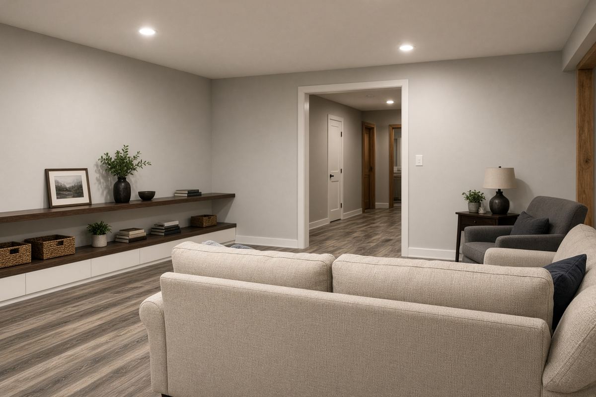 Finished basement family room with wood-look flooring