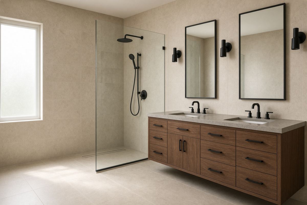 Primary bath with a tiled walk-in shower and walnut double vanity