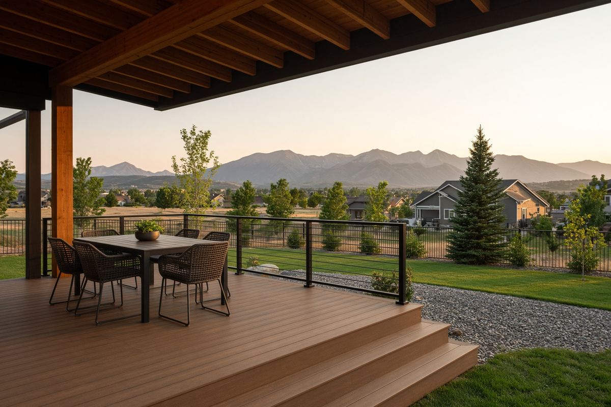 Covered composite deck with steps down to the yard