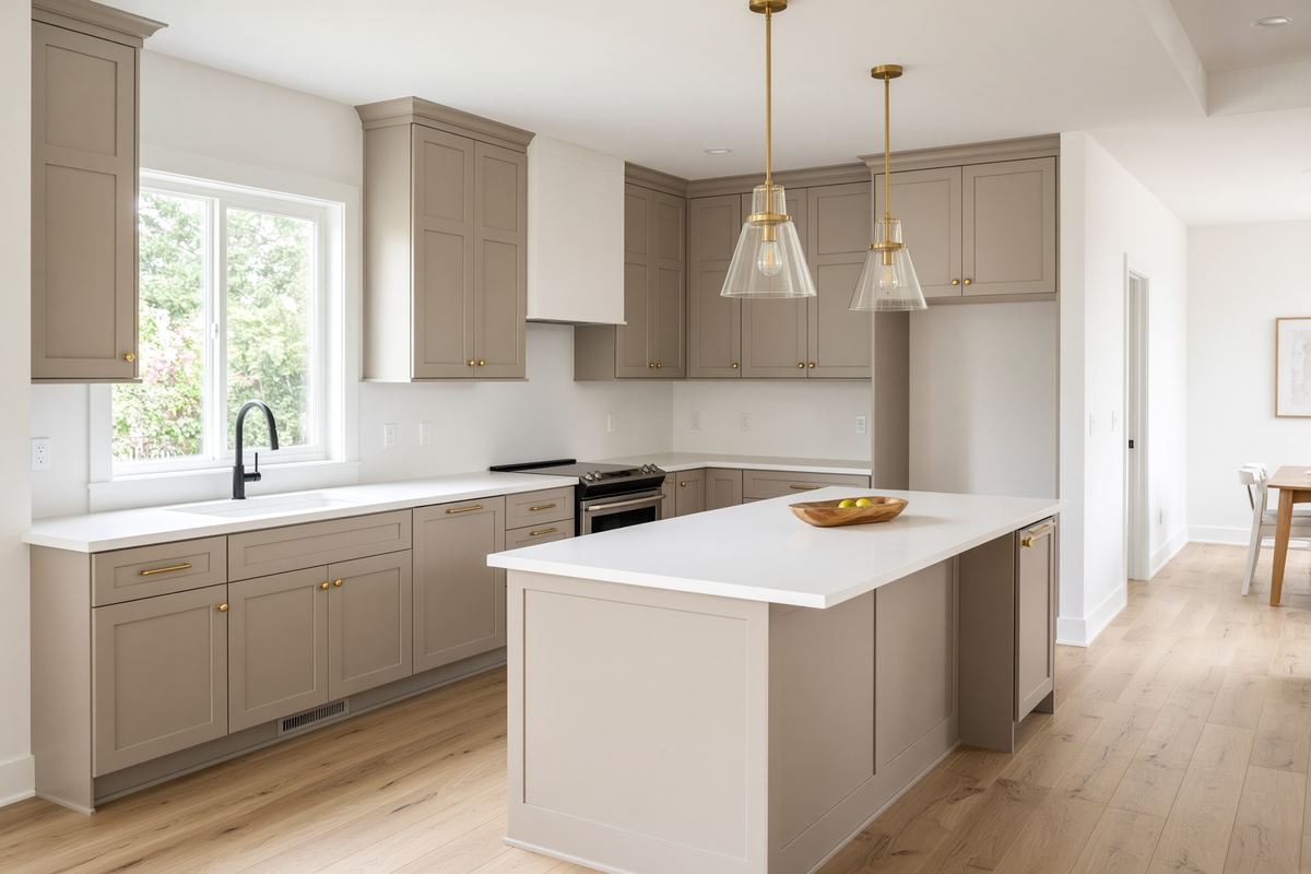 Open kitchen with new cabinets and quartz counters